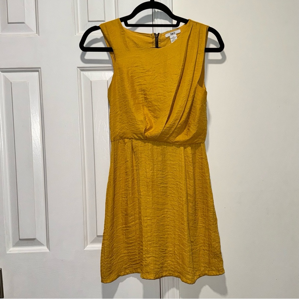 Bar III mustard yellow exposed zipper sleeveless rouched mini dress S
